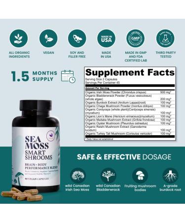 Brain Superfoods Bundle - Organic Sea Moss & Smart Shrooms Capsules and Liquid Drops Bundle Organic Irish Seamoss and 7 Adaptogenic Supplements for Memory and Focus. Liquid Drops in Chocolate Flavor - Buy Online on GoSupps.com