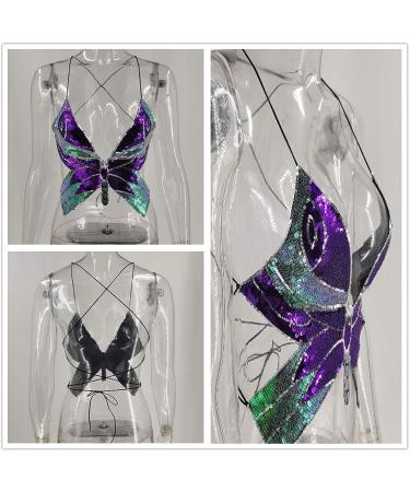 Women's Large Purple Butterfly Sequin Embroidered Crop Tank Top for Belly Dance - Buy Online on GoSupps.com