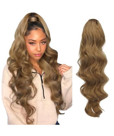FESHFEN Long Ponytail Extension Curly Wavy Clip in Synthetic Hairpieces Drawstring Ponytail Brown Hair Pony Extension for Women Girls 60 cm