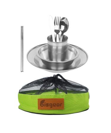 Bisgear Camping Plates Cups and Bowls Set - Complete Stainless Steel Silverware Mess Kit Includes Plate Bowl Cup Spoon Fork Knife Chopsticks & Mesh Travel Bag for Backpacking & Hiking 1 Person
