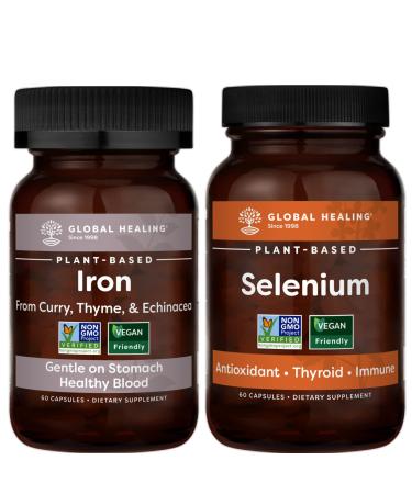 Global Healing Iron Health & Selenium Kit - Vegan Supplement For Blood Builder Support and Natural Energy & Brain Health and Antioxidant For Thyroid Support & Immune System Health - 120 Capsules Total