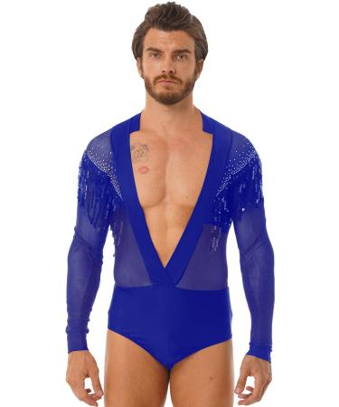 JEATHA Men's Latin Tango Rumba Bodysuit T-Shirt Top Shiny Rhinestones Latin Dance Leotard Dancewear Royal_blue B Small