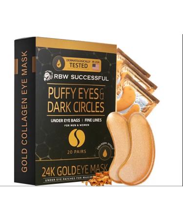 RBW 24k Gold Under Eye Patches for Puffy Eyes Dark Circles Wrinkles - Hyaluronate Infused Eye Mask - Hydrates and Moisturizes Skin - Rejuvenating Under Eye Treatment for Men Women - 20 Pairs