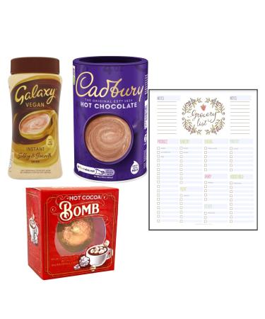 Hot Chocolate Bundle which Contains Cadbury Drinking Hot Chocolate 500g and Galaxy Vegan Instant Hot Chocolate Drink 250g Including Hot Chocolate Bomb With Marshmallows 24g and Grocery List Card
