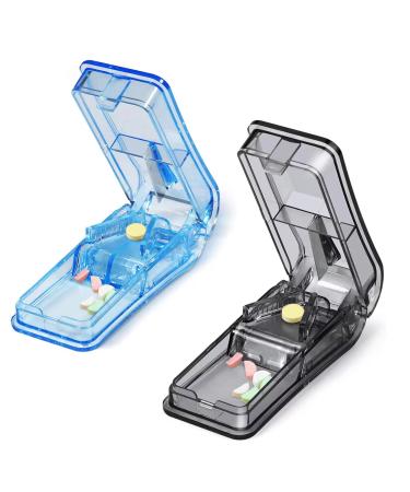 2 pcs Pill Cutter Portable 2-in-1Pill Splitter with Blade and Storage Compartment for Small or Large Pills Cut in Half Quarter for Pills Tablets (Grey + Blue)