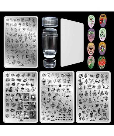 Nail Stamping Kit 4 Pcs Big Nail Stamp Plates 1 Pcs Double Sided Clear jelly Nail Art Stamper with Scaper Set Abstract Face Snake Constellation Black Line Design Templates Nail Art Stamps Stencils