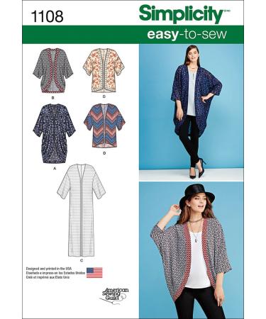 Simplicity US1108A Misses' Kimono and Cardigan Sewing Pattern Kit, Code 1108, Sizes XXS-XXL