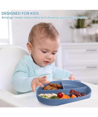 Happy T Baby Silicone Suction Plate with Lid | Toddler Self Feeding Plate | 3 Compartment Divided Dishes | Microwave & Dishwasher Safe | Non-Slip | Unbreakable | Blue - Buy Online on GoSupps.com