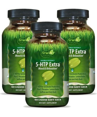 Irwin Naturals Double Potency 5-HTP Extra - 60 Liquid Soft-Gels, Pack of 3 - for Relaxation & Serotonin Production - 90 Total Servings