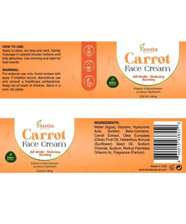 FAUSTA NATURAL Carrot Face Cream Vitamin A Rich Moisturizing & Nourishing Cream for Smooth Hydrated Radiant Skin 100% Natural Formula for Daily Skin Care 3.52 oz - Buy Online on GoSupps.com