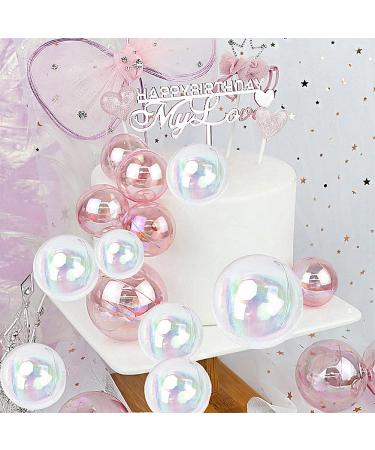Balls Cake Toppers Bubble Balls Cupcake Cake Insert Topper Set for Wedding Anniversary Mother's Day Birthday Party Decoration Supplies 16Pcs Pink