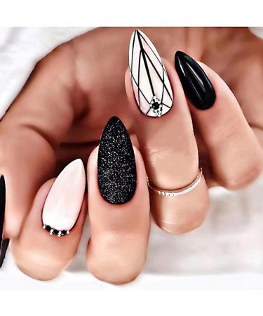 JUSTOTRY 24 Pcs Striped Stiletto False Nails Short Pattern Black French Press on Nails Glitter Fake Nails Short with Nail Glue Trendy Almond Stick on Nails for Women Nails Fake Nail for Nails Art black&Striped 1