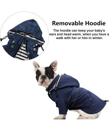 Minezi Waterproof Dog Coat with Zipper & Reflective Buttons - Adjustable Shoulder Strap Removable Hood Dark Blue Size L (Chest: 60-69cm) - Buy Online on GoSupps.com
