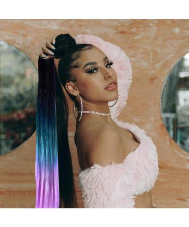 Rainbow Ponytail Hair Extensions Colorful Braided Ponytail Hair Extensions Ombre Hair Extensions Elastic Straight Fashion Wraparound Braided Hair For Girls Women (Black/Blue/Purple) - Buy Online on GoSupps.com