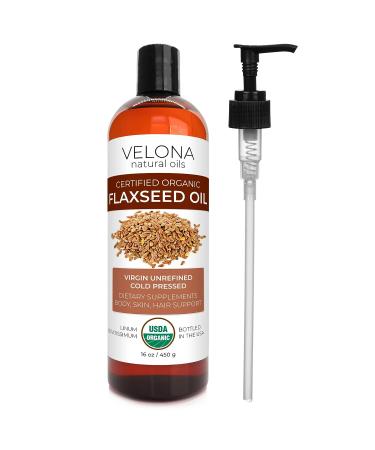 Velona Organic Flaxseed Oil 16 oz - USDA Certified, Cold Pressed, 100% Pure Carrier Oil for Hair, Body, Face & Skin Care - Promotes Growth and Nourishment - Buy Online on GoSupps.com