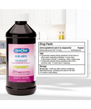 GeriCare Geri-Dryl Diphenhydramine HCI Solution - Antihistamine Liquid Multi-Symptom Allergy Relief Formula - Relieves Sneezing Runny Nose Watery Itchy Eyes & Throat 16 FL OZ (Pack of 1) Red 16 Fl Oz (Pack of 1) Liquid - Buy Online on GoSupps.com