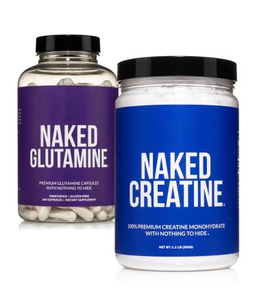 NAKED Pure Micronized Creatine Monohydrate 100 Servings + Pure L-Glutamine 240 Capsules Bundle: Vegan Non-GMO Gluten Free. Minimize Muscle Breakdown & Improve Protein Synthesis. Nothing Artificial
