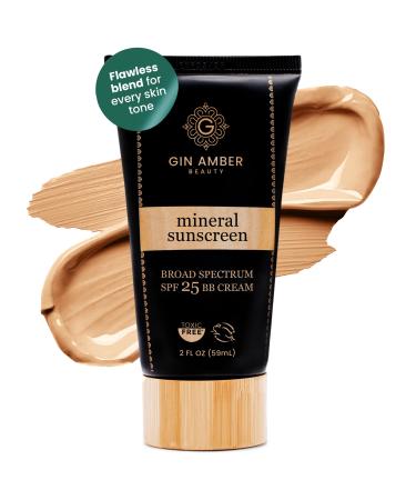 Gin Amber Beauty Mineral Tinted SPF 25 - Toxic Free Face Sunscreen and BB Cream for Women with Sensitive Skin - Revolutionary Zinc Oxide Formula - Improves Fine Lines and Uneven Skin Tone