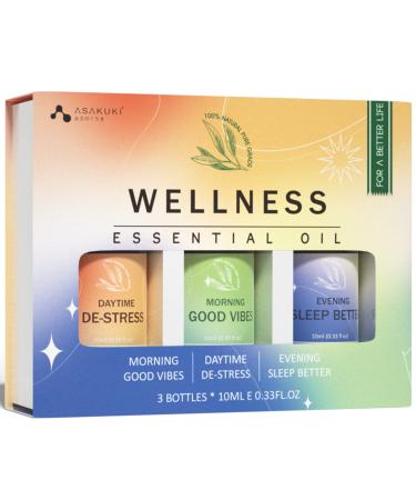 ASAKUKI Wellness Essential Oils Gift Set 100% Pure Aromatherapy Diffuser Blends Oils Therapeutic Grade Help for Uplift Mind Calm Stress & Anxiety Allay Tiredness Sleep Better - 3 * 10mL 3-pack Wellness Set With Gift Box