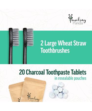 Traveling Panda Wheat Straw Toothbrushes Kit - Charcoal Infused, Soft Bristles, Whitening | Includes 2 Brushes & 40 Charcoal Tabs - Buy Online on GoSupps.com