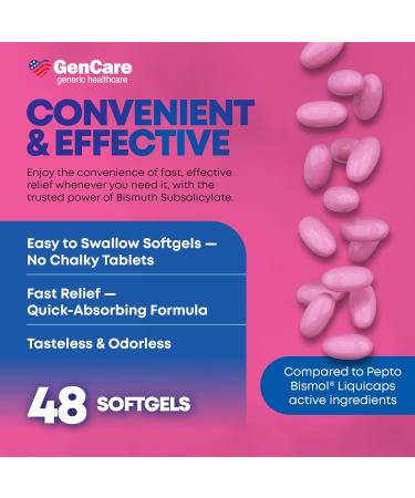 GenCare Upset Stomach Relief 48 Softgels Bismuth Subsalicylate 262 mg Antidiarrheal Medication Acid Reflux Medicine for Nausea Heartburn & Indigestion Relief Generic for Pepte Bismol Tablets - Buy Online on GoSupps.com