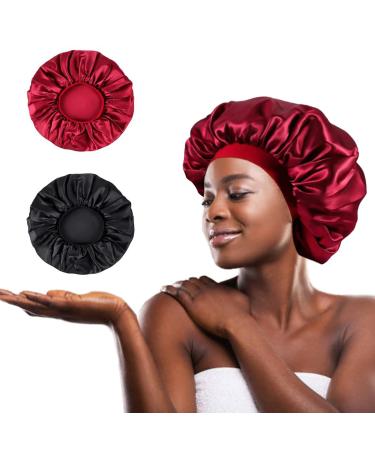 Satin Bonnet  Hair Bonnets for Sleeping Silk Hair Wrap Sleeping cap for Curly Hair Women Wide Elastic Band Bonnet (Black & Red)