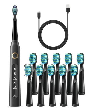 FamiHealth Electric Toothbrush for Adults Rechargeable Electric Sonic Toothbrushes, 5 Modes 10Heads Black Eb-10 Heads-black