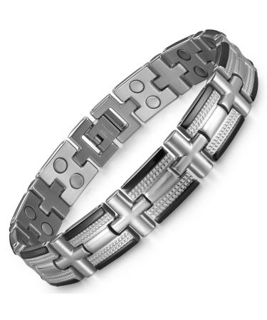 RainSo Magnetic Bracelet for Men Stainless Steel Doulbe Row Twist Braided Pattern Wristband 3500 Guass with Gift Box Adjustable (Black Silver)