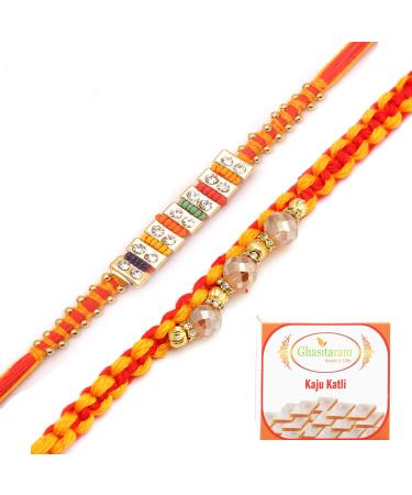 Ghasitaram Gifts Rakhi for Brother Rakhis Online - Set of 2 Glittering Thread and Multicolour Stone Premium Rakhis with 200 GMS of Kaju katli