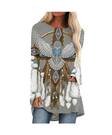 Womens Loose Long Sleeve Tunic Tops Western Cowgirl Aztec Ethnic Tribe Graphic T-Shirt Casual Round Neck Blouse Gray XX-Large