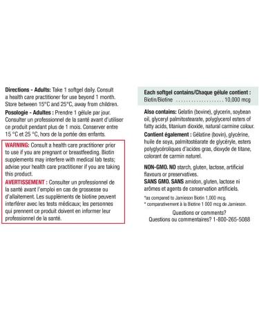 Jamieson 10,000mcg Biotin - 120 Softgels | Extra Strength Formula | Hair, Skin & Nail Support - Buy Online on GoSupps.com