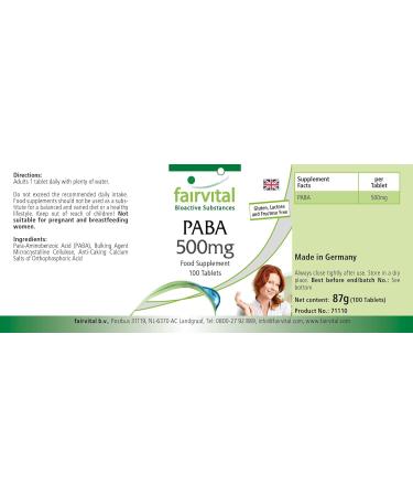 Fairvital | PABA 500mg (Vitamin B-10 para-aminobenzoic acid) 100 tablets VEGANs - against wrinkles skin protection and lets gray hair disappear - Buy Online on GoSupps.com