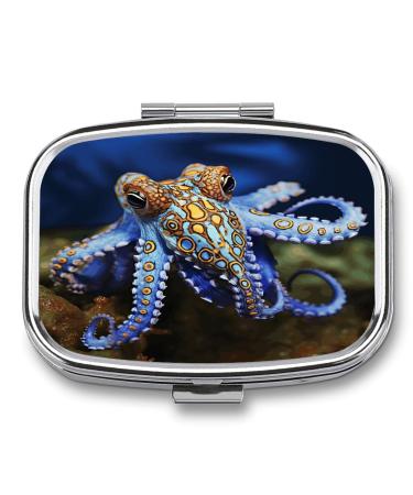 Pill Box Blue Ringed Octopus Print 2 Compartment Medicine Pill Case Pill Organizer Decorative Metal Portable Pill Box for Pocket Or Purse