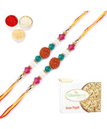 Ghasitaram Gifts Rakhi for Brother Rakhis Online - Set of 2-1988- Rudraksh Rakhi with 400 GMS of Soan Papdi Set of 2 Rakhis with 400 gms of Soan Papdi