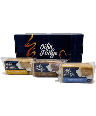 Ochil Handmade Scottish Fudge Selection Box | 3 x 100g Bars | Salted Caramel Fudge Chocolate Fudge Plain Fudge | Hand Made in Scotland | Gluten Free & Vegetarian Ochil Fudge Box 3x100g