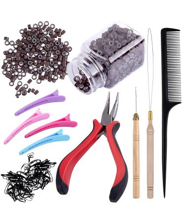 Duufin Hair Extensions Kit 500 Pcs Brown Micro Ring Beads 1 Micro Beads Plier 2 Hook Needle Pulling Loop 4 Plastic Alligator Hair Clips 1 Comb and 2 Bags Black Mini Rubber Hair Elastic - Buy Online on GoSupps.com