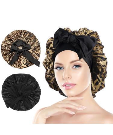 Arqumi Silk Bonnet 2PCS Large Silk Hair Wrap for Sleeping Adjustable Satin Bonnet Hair Bonnet Sleep Cap with Elastic Stay On Head for Long Curly Thick Black Hair for Women Hair Care Black&Leopard A (2PCS) Black & Leopard Pattern
