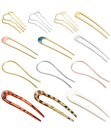 Cindeer 13 Pieces Hair Fork U Shaped Metal Hairpin French Style Hair Stick Tortoise Shell Hair Pin Metal Hair Pin Fork Sticks 2 Prongs Updo Chignon Pins Side Combs DIY Hairpins for Women Girls
