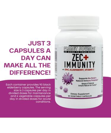 Planet Source ZEC+ Immunity - Adult Vitamins with Zinc Elderberry and Vitamin C - Natural Elderberry Immune Support Supplement for Healthy Living - 90 Count Veggie Capsules - Buy Online on GoSupps.com