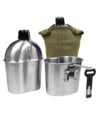 Goetland Stainless Steel WWII US Military Canteen Kit 1QT with 0.5QT Cup Nylon Cover G.I. 1QT Canteen With 0.5 Grab Handle Cup