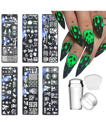 beiling Nail Halloween Nail Template Plates with 1 Stamper 1 Scraper Horror Ghost Pumpkin Skull Bone Patterns Nail Stamping Tools for Nail Art Designer Nail Decoration Supply Nail Stencil,8 Piece Set
