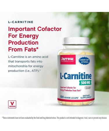 Jarrow Formulas L-Carnitine 500mg - Vegan Energy Boost - 100 Veggie Licaps - ATP Production from Fats - 100 Servings - 100 Count - Buy Online on GoSupps.com