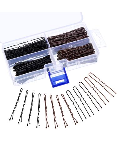 Hicarer 200 Pieces Hair Pins Bobby Pins U Shaped Hair Clips Metal Hair Pin Clip in Different Sizes with Clear Storage Box  Black and Brown
