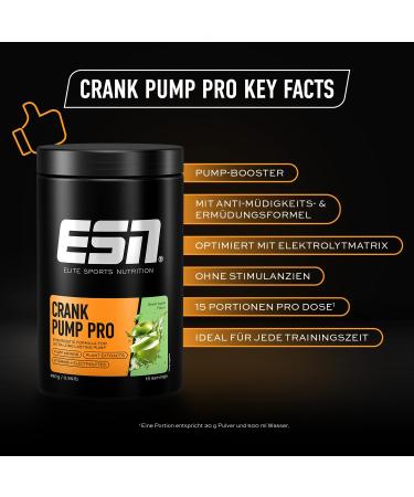 ESN Crank Pump Pro 450g - Pre Workout Booster | Green Apple Flavor | Maximum Muscle Pump & Performance | Tested Quality Made in Germany - Buy Online on GoSupps.com