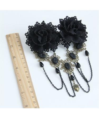 Black Lace Rose Flower Hair Clip with Pearl Chain Tassels - Gothic Vintage Hair Barrette for Women - Buy Online on GoSupps.com