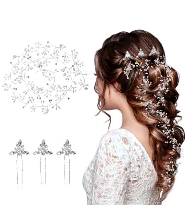 Bride Wedding Crystal Hair Vine Silver Extra Long Pearl and Crystal Beads Bridal Hair Vine Headband Head Pieces Bridal Hair Accessories for Women and Girls