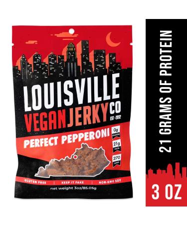 Louisville Vegan Jerky - Perfect Pepperoni 3 oz (Pack of 1) | Vegetarian & Vegan-Friendly - Non-GMO Soy Protein - 270 Calories - Gluten-Free Ingredients - Buy Online on GoSupps.com