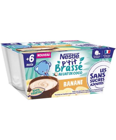 Nestlé Bébé P'tit Brassé Végétal Dairy Coconut Milk Banana No Added Sugars - From 6 Months - 4 x 90g (Packaging May Vary)