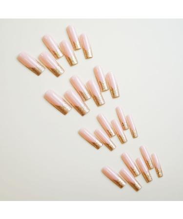 French Tip Press on Nails -Long Water Pipe Shape Press On Nails with Nail Tips Champagne Sparkling Glitter Design Glossy press on nails Acrylic False Nails Cute Artificial Nails - Buy Online on GoSupps.com
