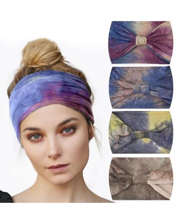 ELLEWIN Extra Wide Headbands For Women Non Slip African Boho Thick Hairbands Knotted Head Band Yoga Workout Gym Elastic Large Cloth Head Wraps Turbans 4 pcs A01